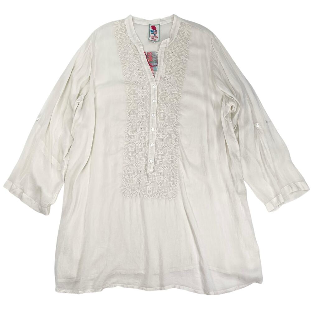 JOHNNY WAS Womens 1X Embroidered Sheer Sleeve Boho Tunic Shirt Top NWT